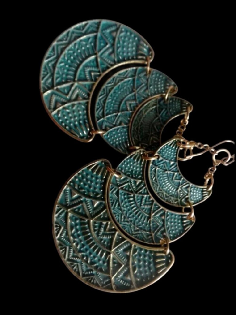 Boho Teal Patina Tiered Chandelier Earrings Gold Tribal Turquoise Southwest